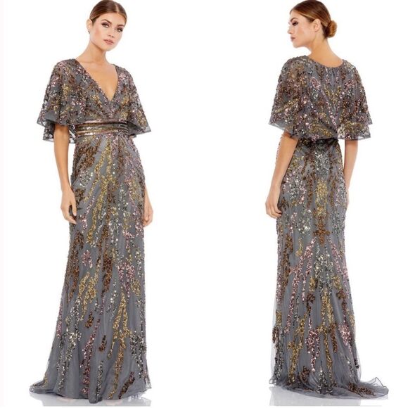 Mac Duggal 5439 Womens Embellished Cape Sleeve Gown Dress - Picture 2 of 16